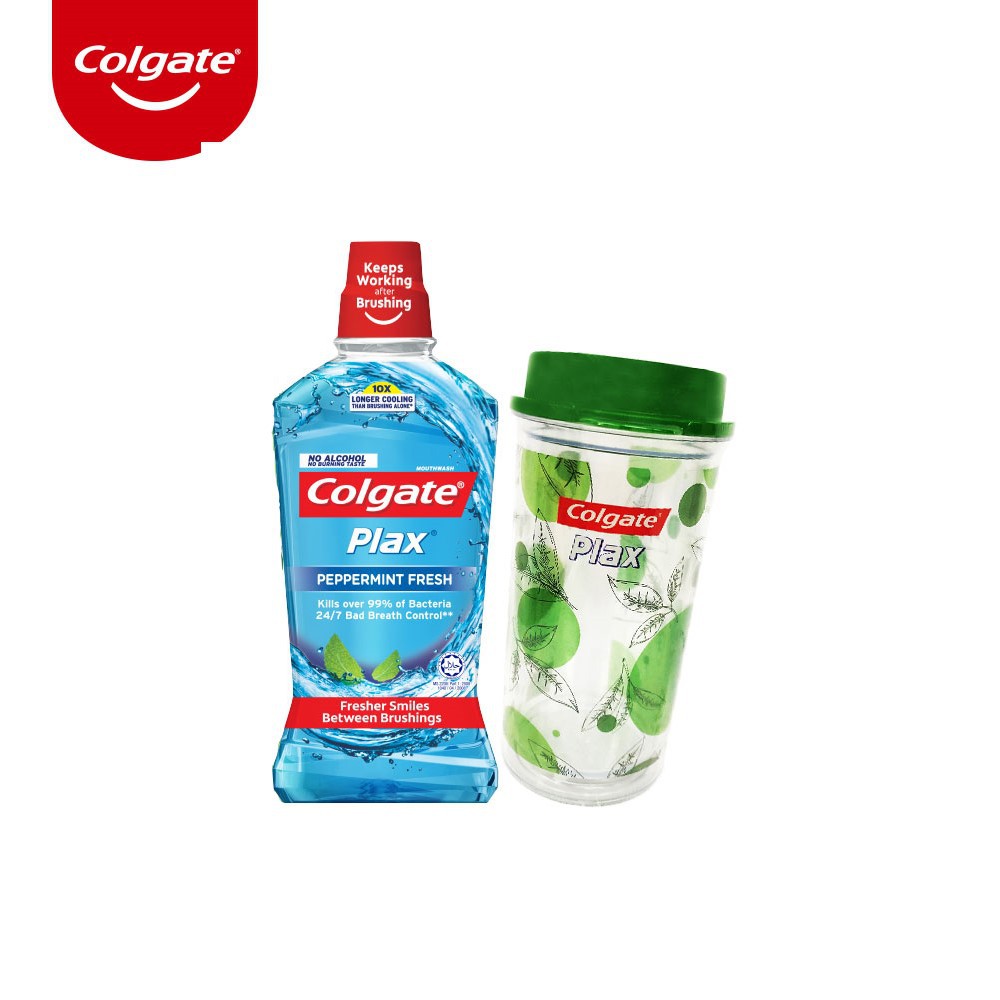 [HB gift] Nước súc miệng Colgate Plax Bạc Hà 500ml/chai + Ly nhựa có nắp Colgate Plax