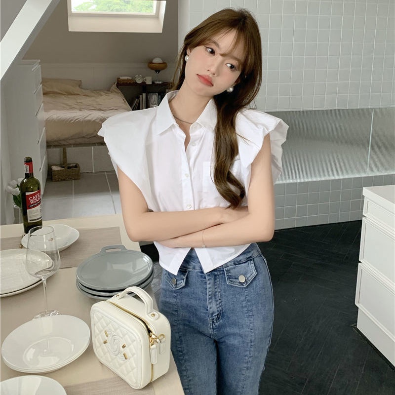 Áo croptop Áo Sơ Mi Trắng Không Tay Phong Cách Hàn Quốc Thời Trang Mùa Hè 2022 Mới