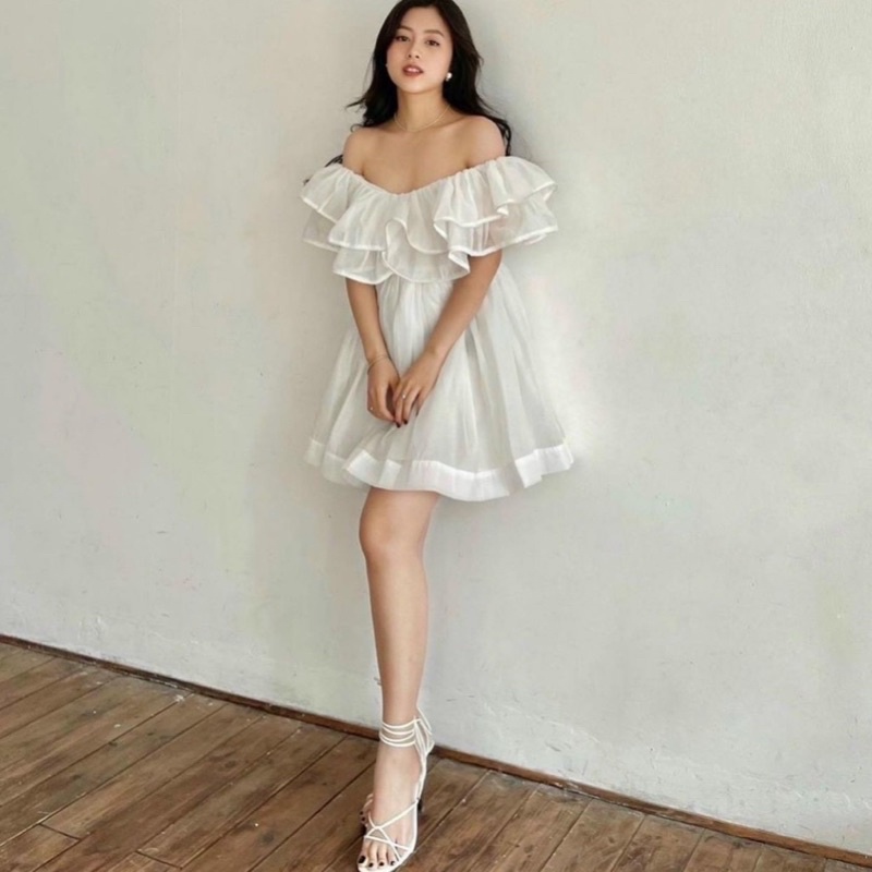 Đầm Bánh Bèo Trễ Vai Phồng Chất Tơ Óng Mẫu Mới, Trễ Vai Bánh Bèo 2 Tầng Bèo Tiểu Thư Chan House