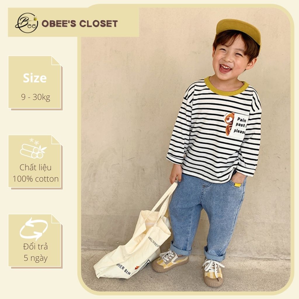 Áo thun dài tay bé trai Obee's Closet Áo thun sọc cotton cổ tròn