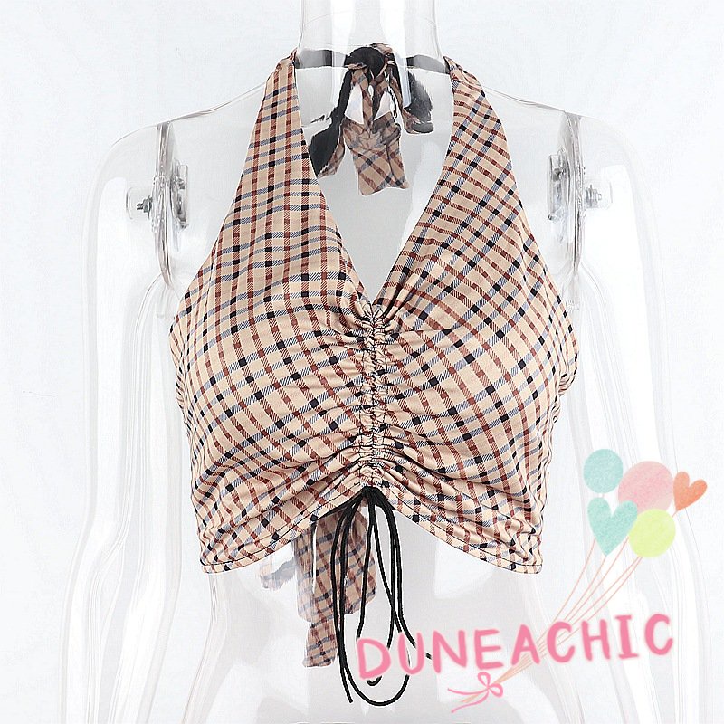 Áo Croptop Hai Dây Hở Lưng Họa Tiết Sọc Caro Phong Cách Quyến Rũ