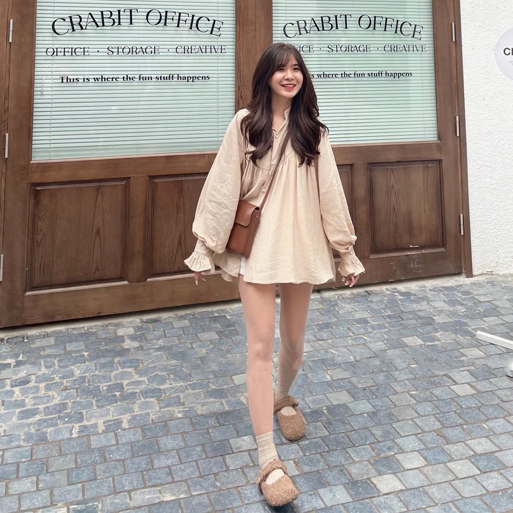 Áo sơ mi kiểu nữ Ulzzang, Áo sơ mi tay bèo phối khuy dáng rộng tiểu thư xinh xắn