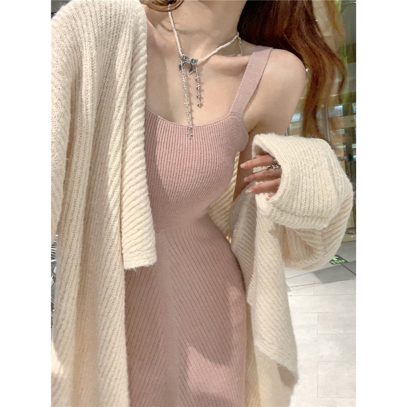 Áo Khoác cardigan Dệt Kim Màu Cà Phê + Đầm Sát Nách Dệt Kim Thiết Kế Mới Thời Trang Dành Cho Mùa Thu