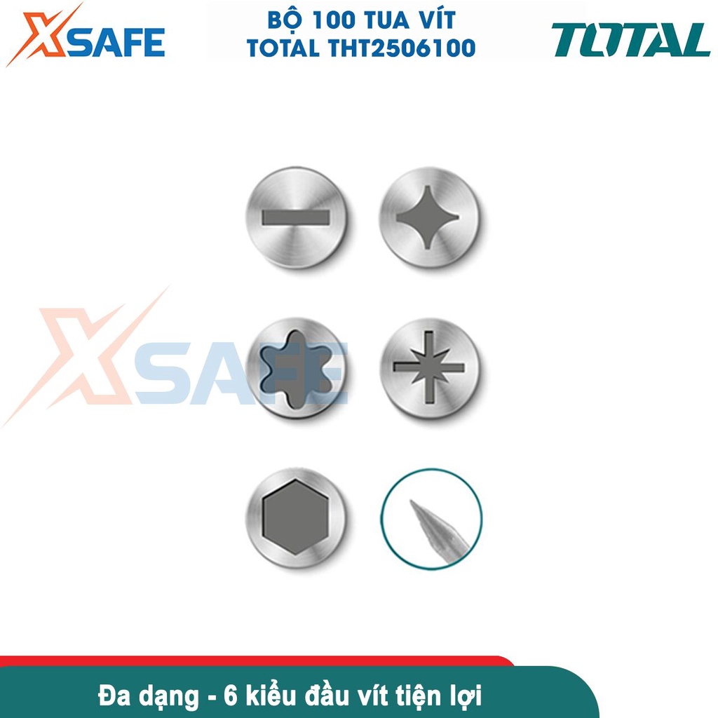 Bộ 100 tua vít TOTAL THT2506100 thép cr-v cứng chống tòe, 6 kiểu đầu vít, đầy đủ kích thước [CHÍNH HÃNG]
