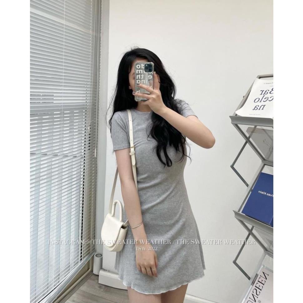 Váy đầm nữ cộc tay ôm body gân tăm dáng ngắn cổ tròn màu đen ghi hồng trắng  freesize thể thao sexy co giãn | BigBuy360 - bigbuy360.vn