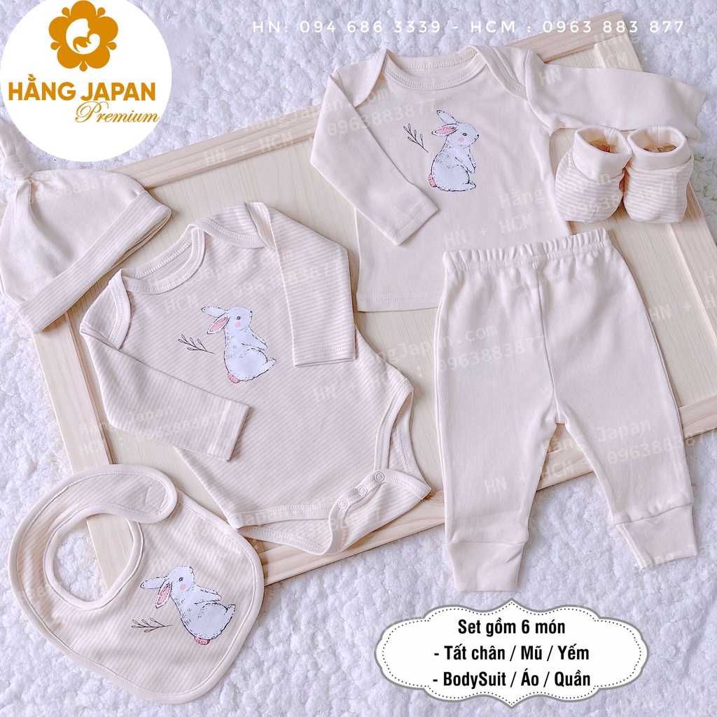 Set đồ sơ sinh 6 chi tiết Gem Look cho bé gồm bộ body, bộ quần áo, mũ, yếm, bao chân cotton organic hàng Úc