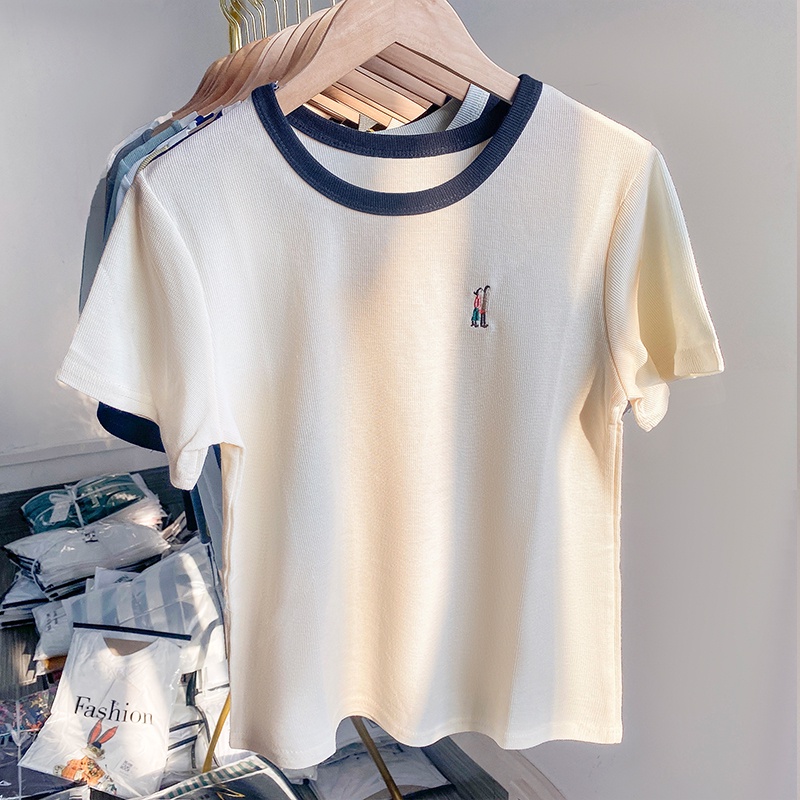 Áo Thun Cotton Tay Ngắn Thêu Họa Tiết Màu Sắc Tương Phản Thời Trang Mùa Hè 52253