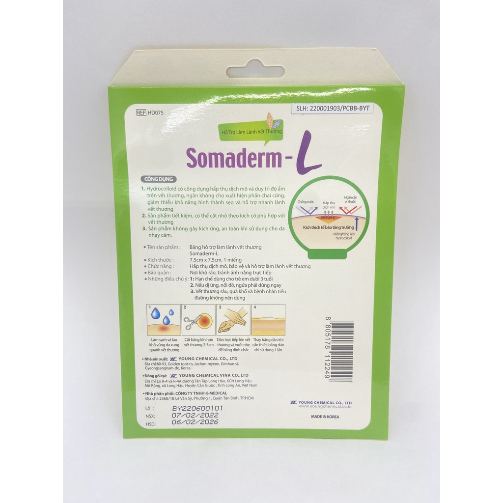 Băng Dán Miếng Hút Mụn Somaderm- L Hàn Quốc, 7,5cmx7,5cm, 1 miếng/hộp Giúp Nhanh Lành Vết Thương, Duy Trì Độ Ẩm, Mờ Sẹo