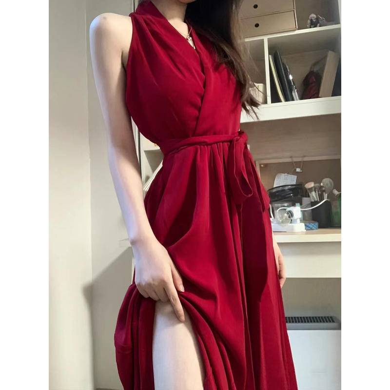 Váy Cổ Yếm Màu Đỏ Váy Dài Vừa Phải Bó Eo Cổ Chữ V Cho Nữ