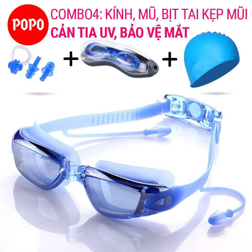 Kính bơi người lớn, kính bơi tráng gương kèm mũ bơi và bịt tai kẹp mũi POPO mắt kiếng bơi cho nam nữ trẻ em cản tia UV