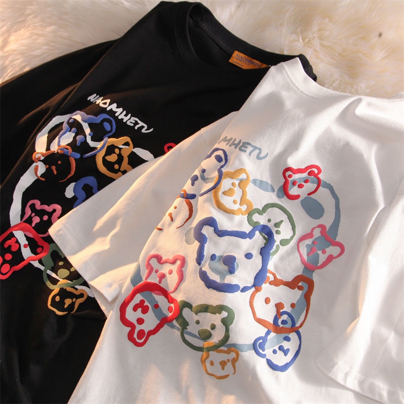 Áo Thun Cotton Tay Ngắn Dáng Rộng In Họa Tiết Gấu Hoạt Hình Dễ Thương Thời Trang Mùa Hè Cho Bé