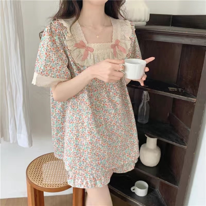 Bộ đồ ngủ phong cách công chúa đồ ngủ của phụ nữ mùa hè mới cô gái quần short hoa ngọt ngào