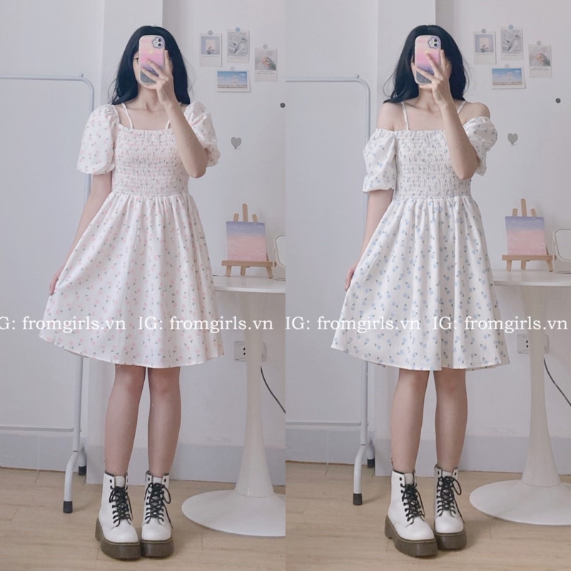 Váy hoa nhí trễ vai, đầm hoa nhí mặc 2 kiểu dáng xòe ulzzang - V82