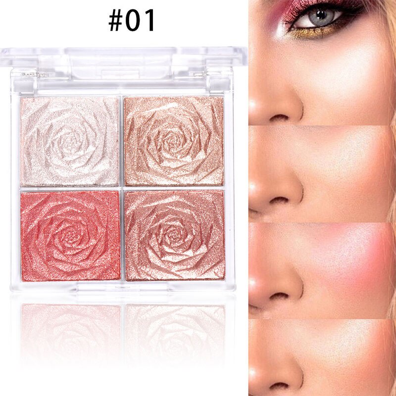 4 màu phấn má hồng Highlighter Makeup Palette Pink Eye Shadow Bronzer Shimmer Powder Contour Palette Mỹ phẩm Hàn Quốc