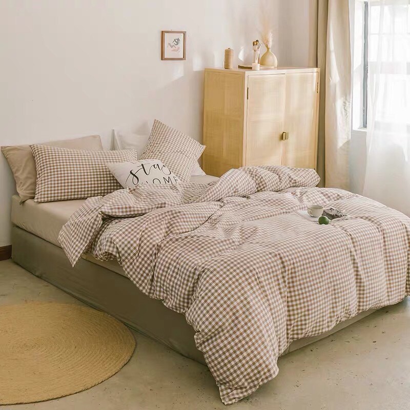 Decor phòng ngủ vintage Combo chăn ga gối Cotton kẻ caro be nâu nhạt trang trí giường tầng Chato Bedding