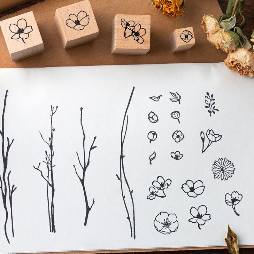 Bộ 20 con dấu gỗ Flower wooden stamp trang trí sổ tay vintage style | BDD027