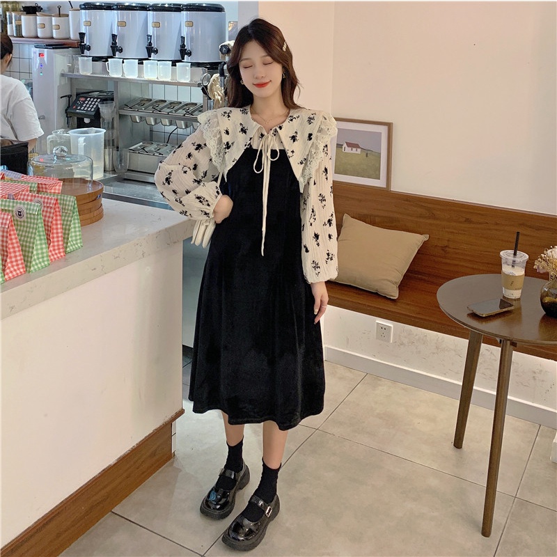 Đầm PERTY phối ren cổ thắt nơ size lớn phong cách Hàn Quốc thời trang xinh xắn dành cho nữ