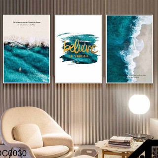 [Mã ATHO10 giảm 10%] Set tranh canvas đại dương xanh đậm và chữ nhũ vàng phong cách Scandinavia 30x40 (67) DC0030