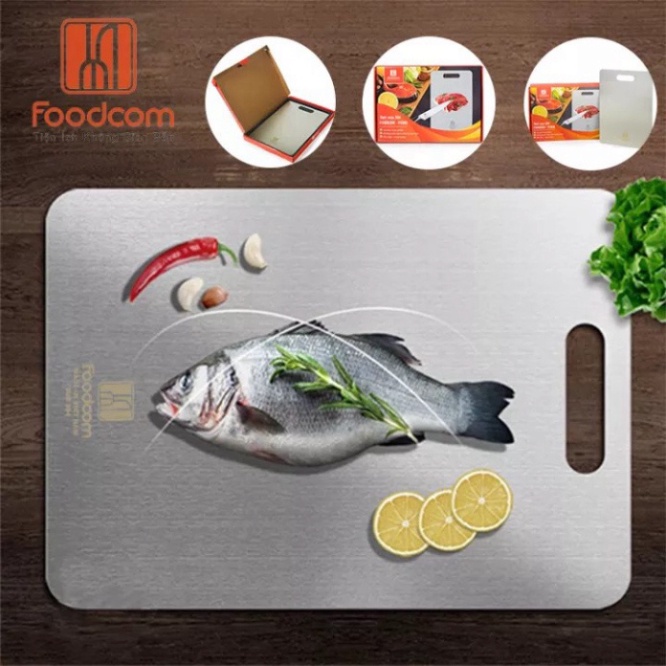 Thớt inox cao cấp Foodcom thớt kháng khuẩn không xước không bám mùi đồ ăn mùi tanh cá không trơn trượt vệ sinh dể dàng