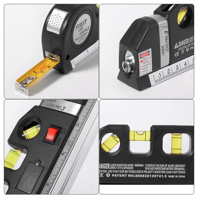 thước đo Laser kết hợp một thước đo băng, một bong bóng san lấp mặt bằng ba vị trí và mức laser vào một công cụ tiện lợi