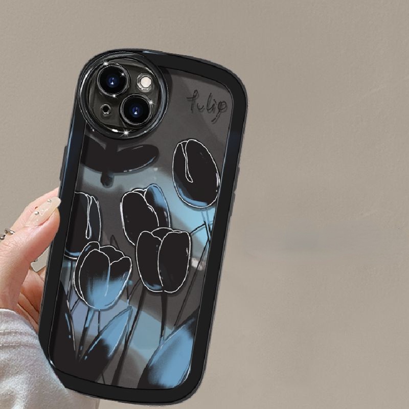 Ốp Điện Thoại Màu Đen Họa Tiết Hoa Tulip Cho iPhone 12 13 11 Pro Max X Xs Max Xr