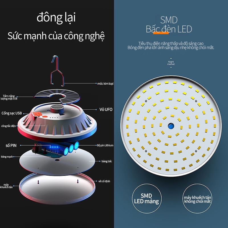 Đèn led đĩa bay dùng trong nhà năng lượng mặt trời có thể sạc điện Dùng khi mất điện độ t ngột Đèn chiếu sáng cắm trại