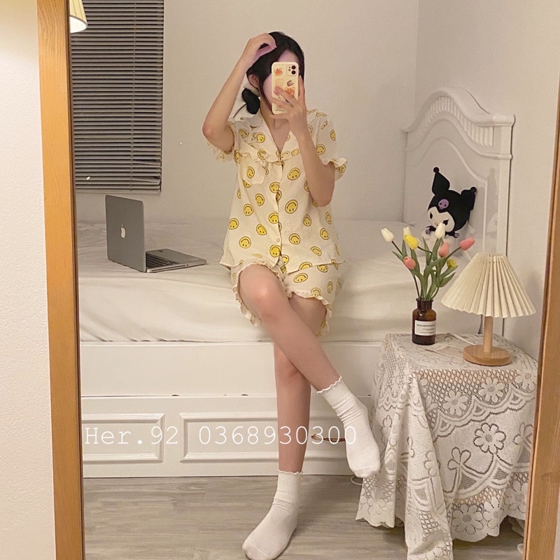 Đồ ngủ xinh bộ mặc nhà chất đũi hoạ tiết dễ thương phong cách hàn quốc