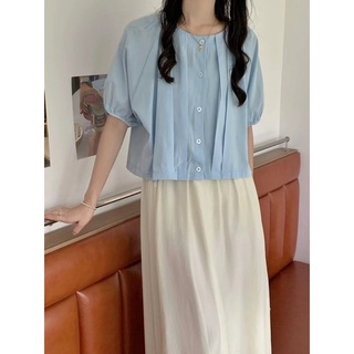 Áo xanh nữ cổ tròn tay ngắn cánh dơi hàng nút sơ mi freesize Pumi