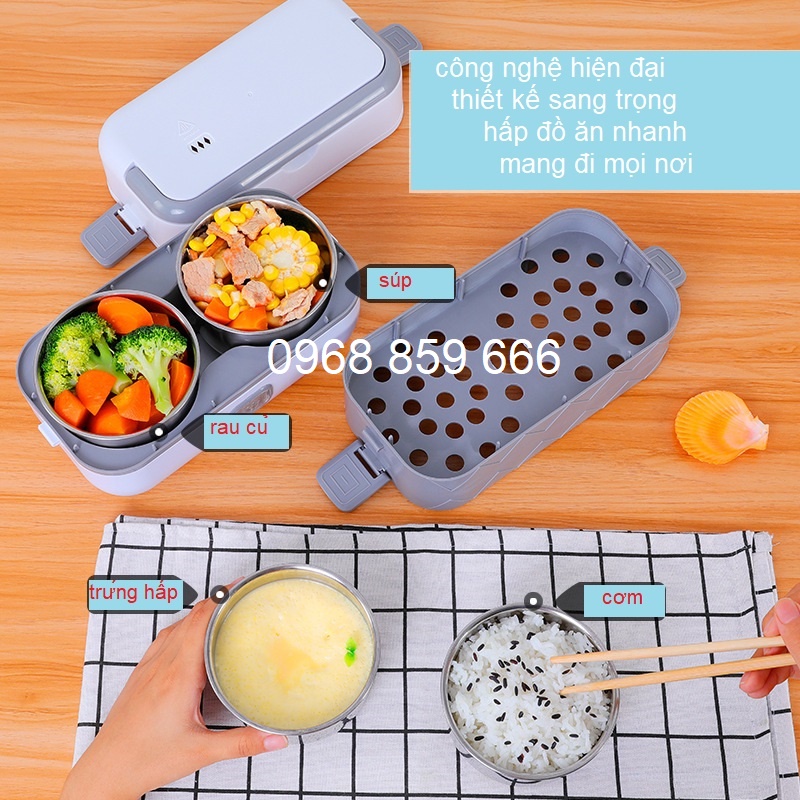 Hộp cơm cắm điện văn phòng 3 tầng giữ nhiệt 4 khay thức ăn, Hộp com hâm nóng tự nấu chín hâm nóng đồ ăn ruột inox