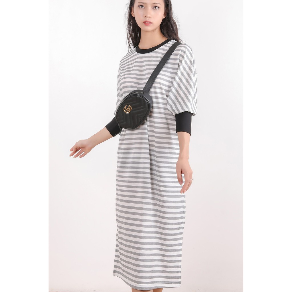 Đầm suông nữ dáng dài, họa tiết kẻ, bo tay, thiết kế cao cấp TK FASHION DKB38