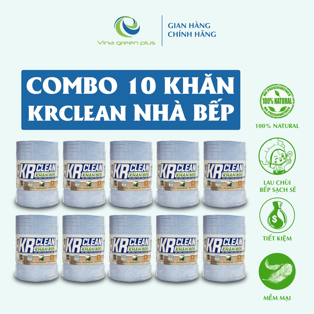 Combo 10 Cuộn khăn lau Đa năng Xanh KR Clean 200 tờ 20x20- Dễ dàng giặt lại và tái sử dụng