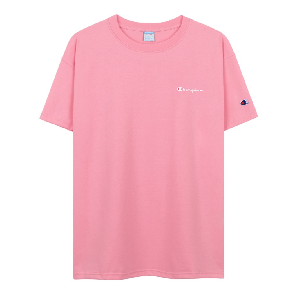 Áo Thun Champion Màu Hồng In Chữ Màu Trắng Chất Liệu 100% Cotton Thoáng Mát Form Rộng Thoải Mái