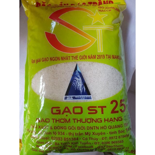 Gạo ST25 đóng gói 5kg của DNTN Hồ Quang Trí nhà bác Cua thượng hạng đây ạ- hàng chính hãng- bao bì mới, date 4/2022