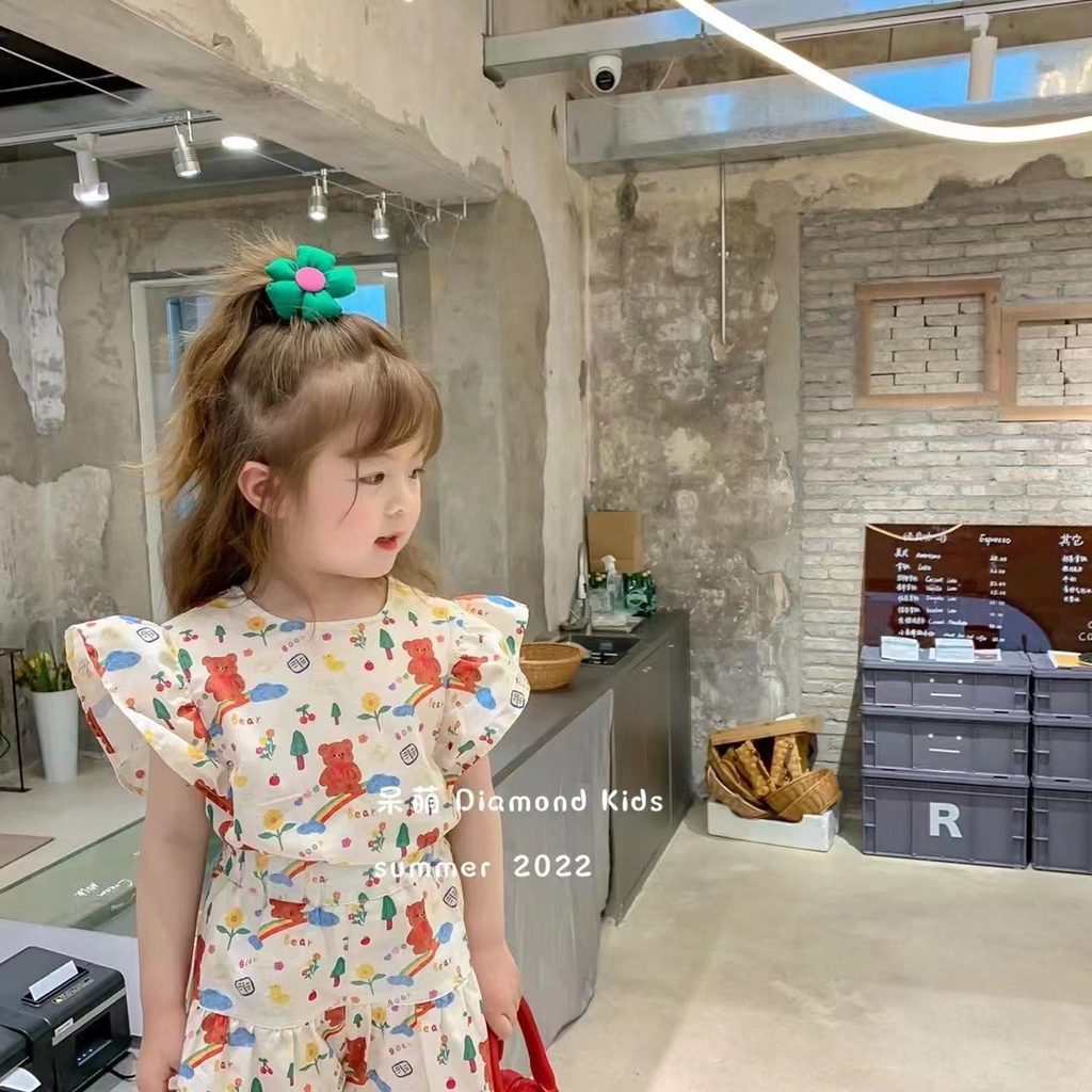 Hàng Mới Về Set Áo Thun Ngắn Tay In Hình Hoạt Hình + Quần Short Thời Trang Cho Bé Gái