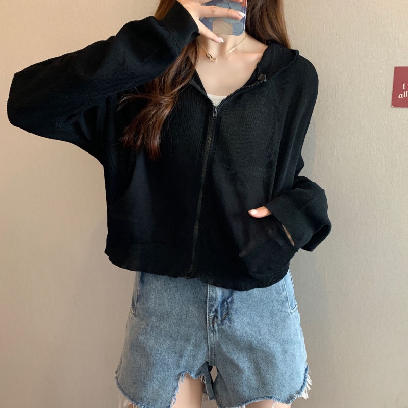 Áo Khoác Cardigan Dệt Kim Mỏng Dáng Rộng Có Mũ Trùm Phối Khóa Kéo Dài Tay Thời Trang Mùa Hè Dành Cho Nữ 2022