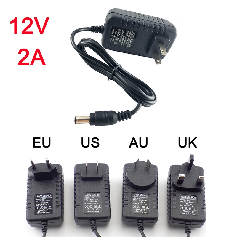 Bộ Sạc Nguồn AC DC 12V 2000ma 5.5 * 2.5mm Phích Cắm EU UK AU US Cho Dây Đèn Led / camera CCTV