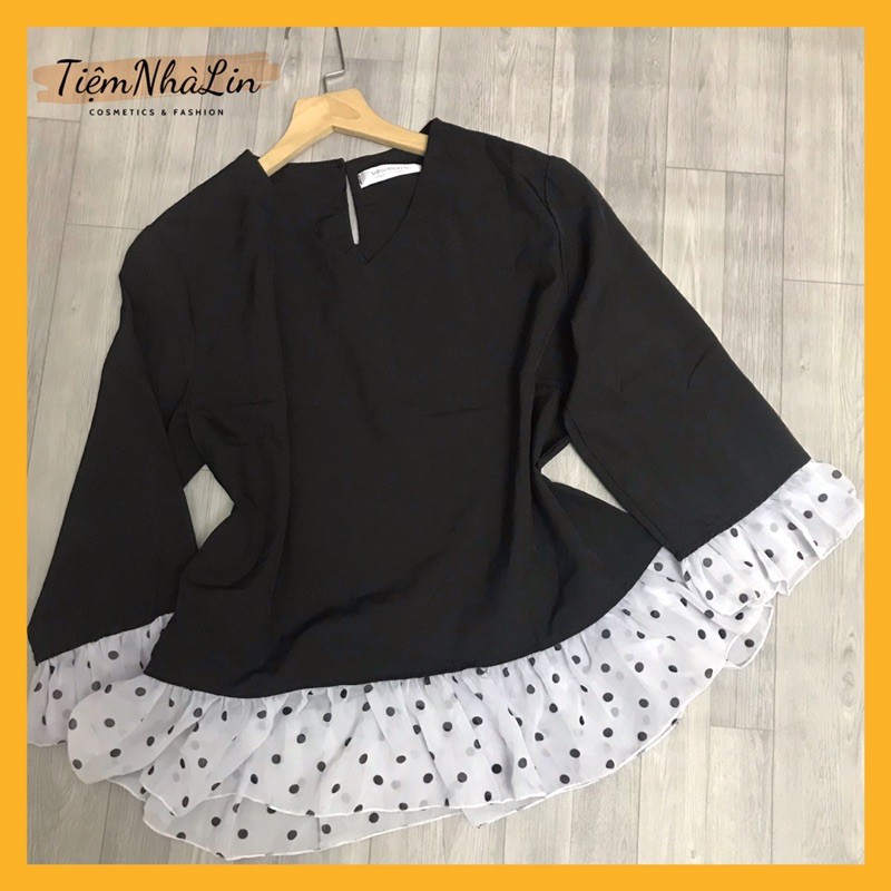 Áo Kiểu Babydoll Cổ Tim Phối Bèo Chấm Bi Chất Voan Lụa Mát Đẹp Không Nhăn