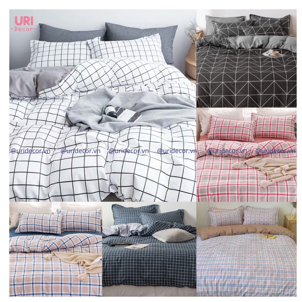 Bộ chăn ga giường và vỏ gối Cotton Poly Uri Decor cao cấp Hàn Quốc in 3D hình kẻ caro đủ size kích thước nệm