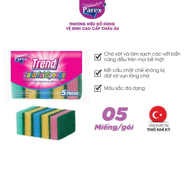 Gói 5 miếng rửa chén cao cấp Parex Trend 2 mặt bọt biển và cước xanh nhám