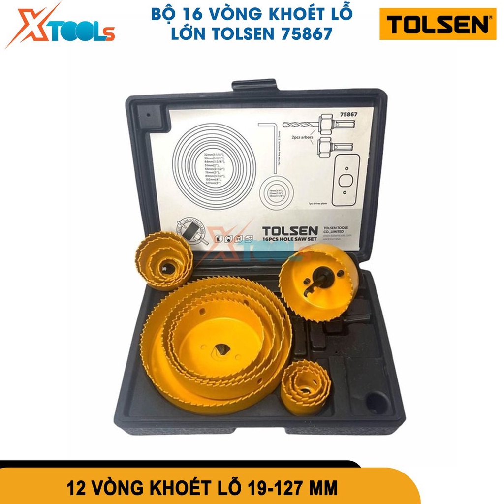 Bộ khoét lỗ tròn Tolsen 75867 16 chi tiết nhiều kích thước, kết hợp với máy khoan chuyên dụng [CHÍNH HÃNG][XTOOLS]