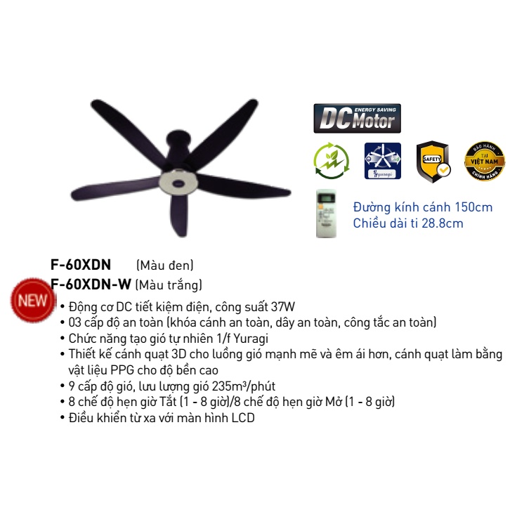 Quạt trần 5 cánh Panasonic DC F-60XDN màu trắng (220V)