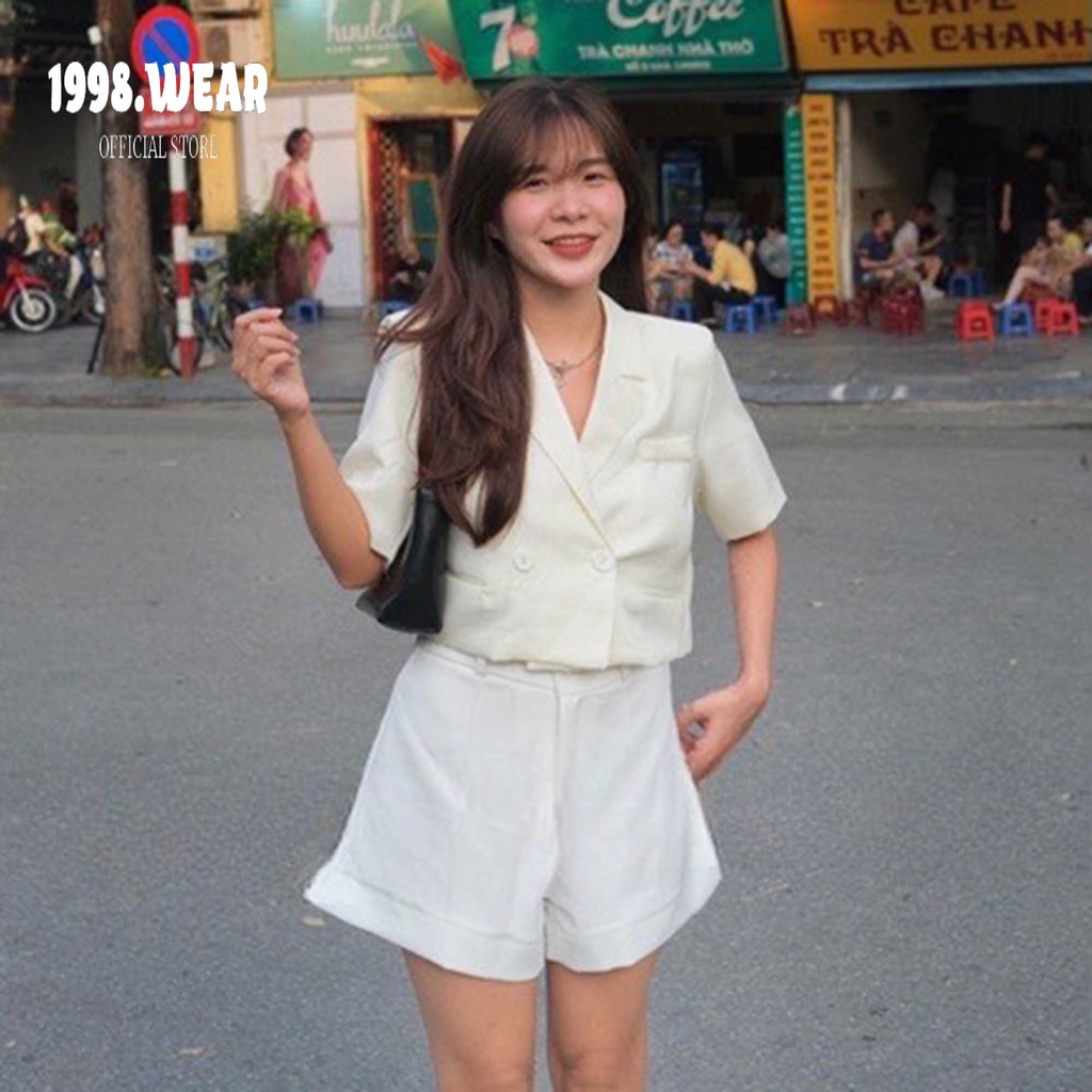 Áo vest tay ngắn hở lưng croptop ,áo sơ mi blazer cổ vets cúc bọc,thanh lịnh dành cho nữ 1998.Wear