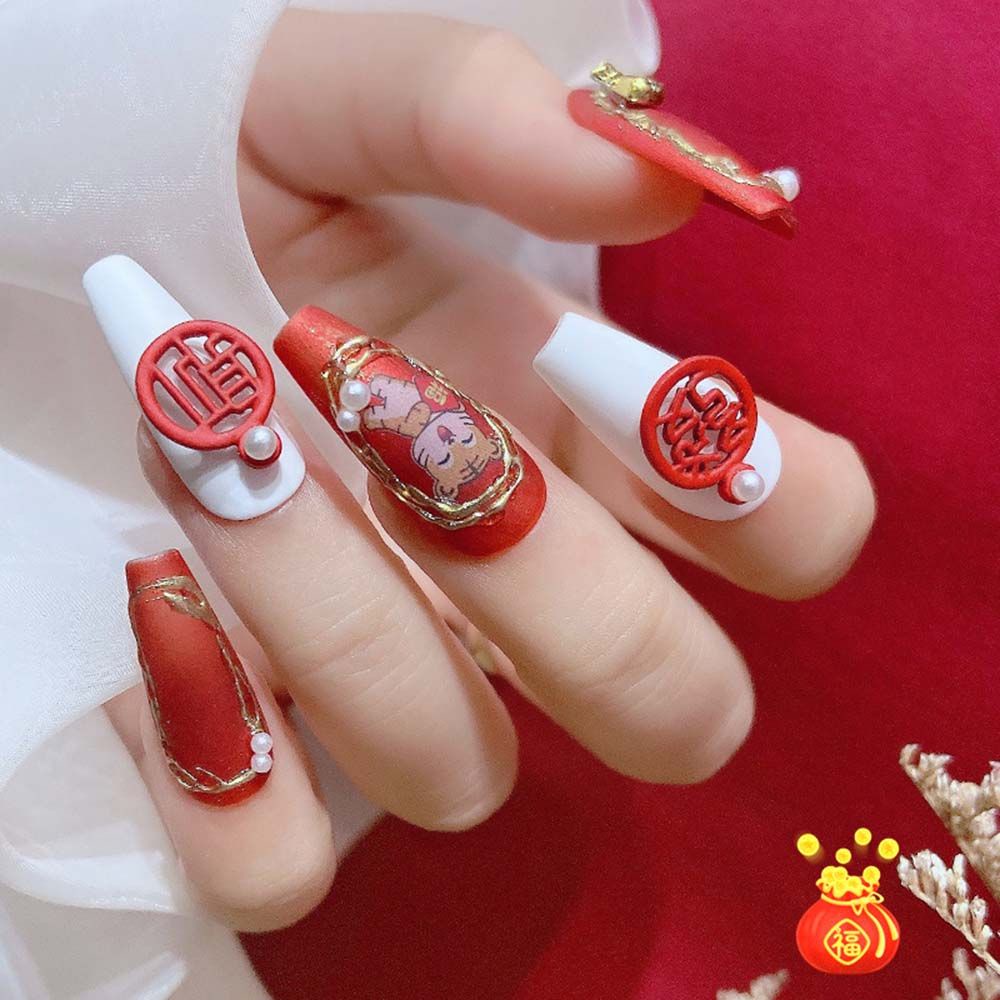[Hàng mới về] Bộ phụ kiện bằng hợp kim màu đỏ may mắn phong cách trung hoa trang trí móng DIY
