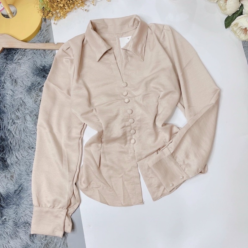 Áo sơmi phi kiểu cột lưng phối nút, sơ mi nữ lụa bóng | BigBuy360 - bigbuy360.vn