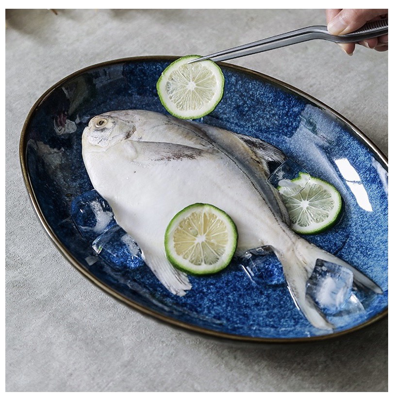 (SẴN) Đĩa cá, đĩa oval 31cm sứ men xanh lam sang trọng Sea - Dĩa sứ cao cấp phong cách Bắc Âu
