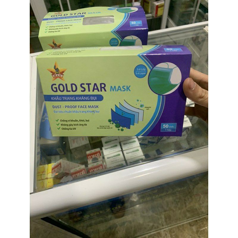 Khẩu trang y tế 4 lớp GOLD STAR màu xanh chính hãng kháng khuẩn cao cấp chất lượng (Hộp 50 cái)