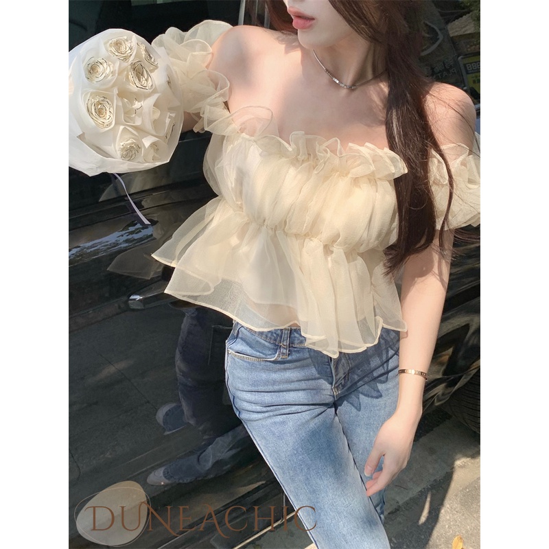 DUNEA Áo Kiểu Chiffon Tay Phồng Trễ Vai Phong Cách Quyến Rũ