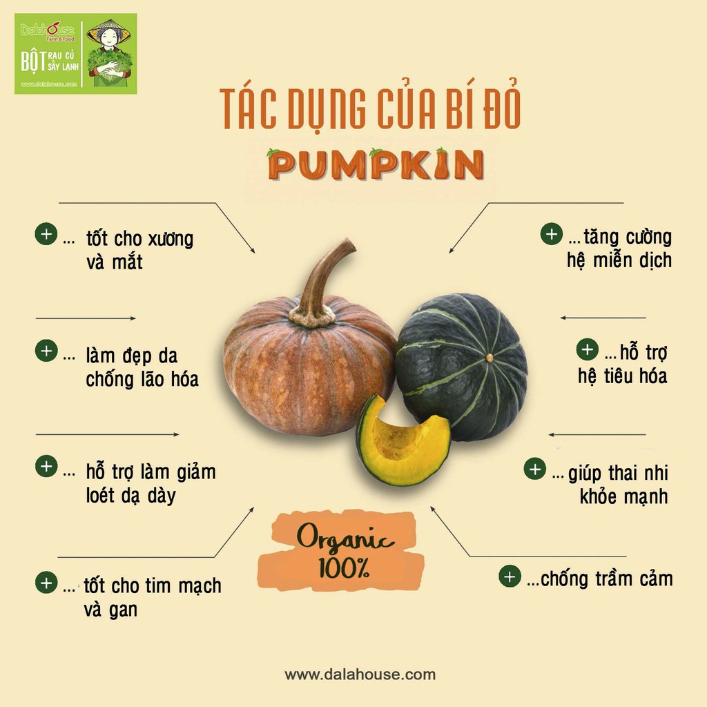 BỘT BÍ ĐỎ DALAHOUSE -  Giàu vitamin A giúp sáng mắt, tăng cường trí nhớ, tăng thị giác (150g túi)