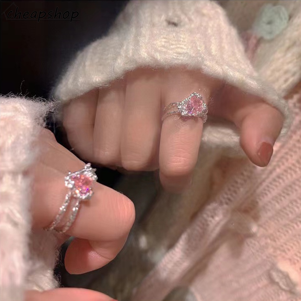 iF YOU Nhẫn   mạ bạc đính kim cương hồng trái tim phong cách Hàn Quốc cổ điển cho nữ