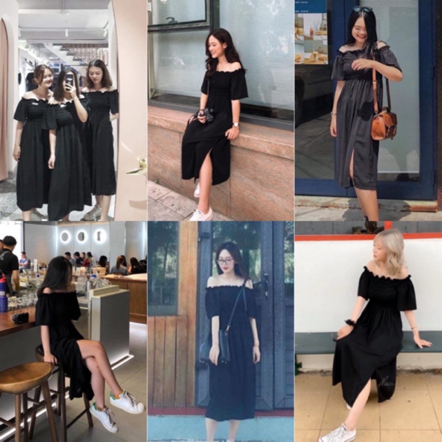 ĐẦM RUMA DRESS XẺ TÀ FROM DÀI MÀU ĐEN - ĐẦM XOÈ NHẸ PHẦN TRÊN NHÚN BO CHUN ( kèm ảnh thật )